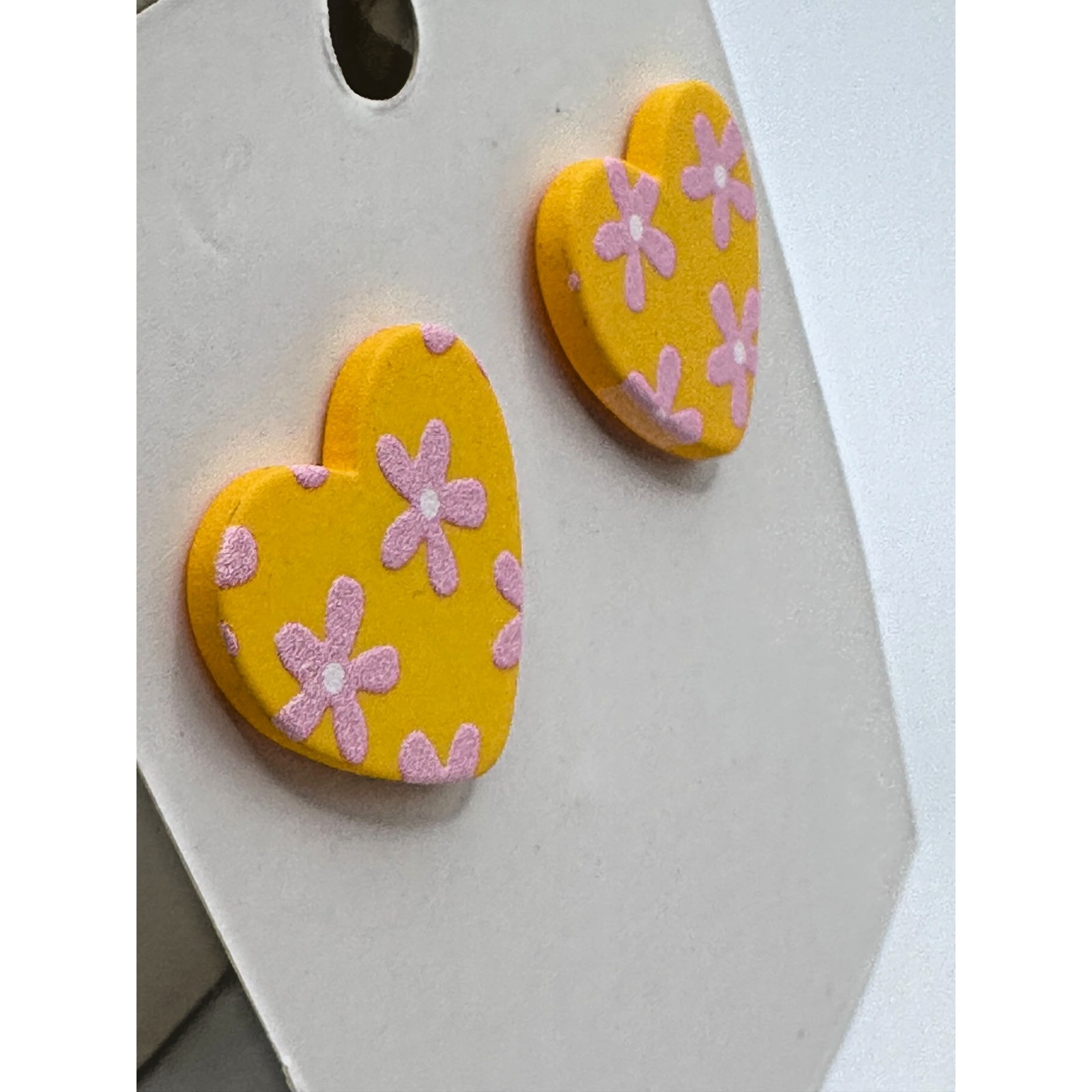 Yellow Hearts With Pink Daisies Valentine Acrylic Stainless Steel Earrings